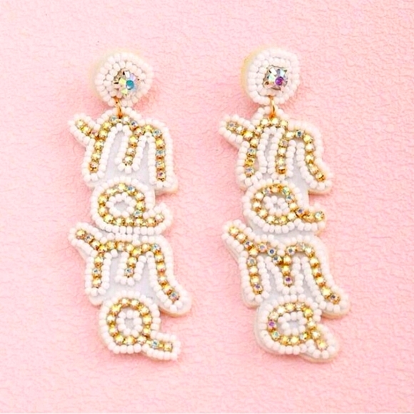 🆕️  "Mama" Beaded Rhinestone Drop Earrings, White Gold ~ Gift, Affordable - Picture 1 of 5